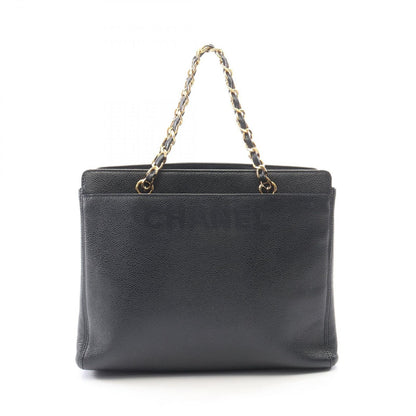 Chanel Logo Embroidery Navy Caviar Leather Chain Tote Bag