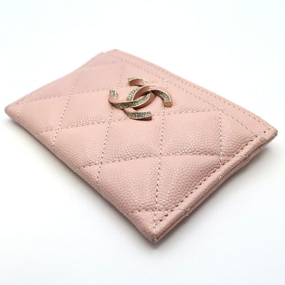 Chanel Ten Pass Case Card Case Pink Caviar Leather CC Logo Rhinestone — view 3