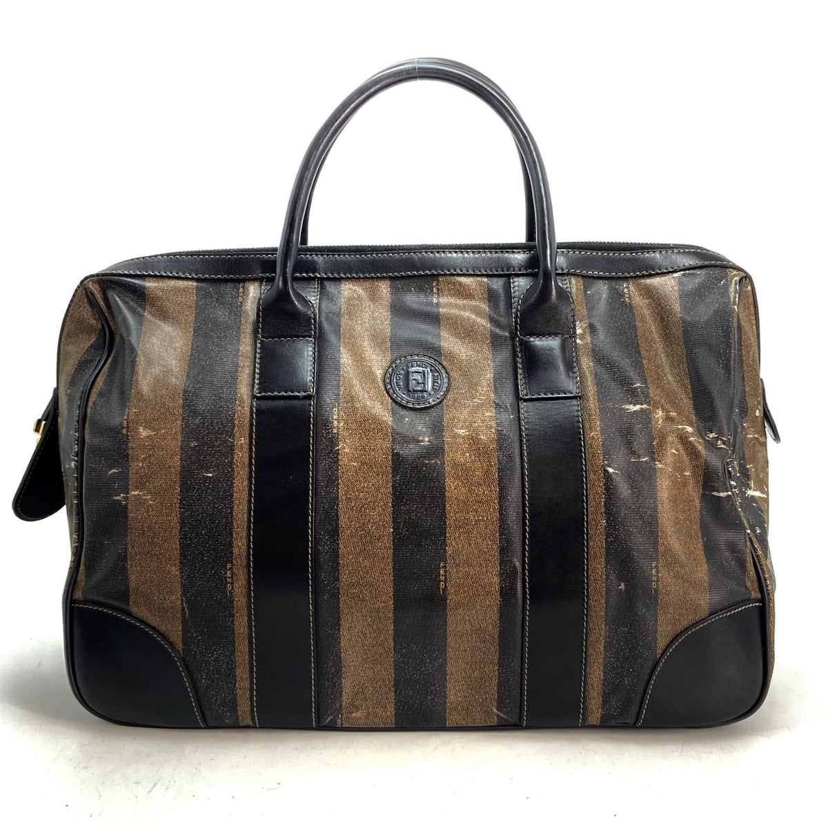 Fendi Pecan Pattern Boston Bag Stripe with Mini Pouch Leather Nylon Brown Black