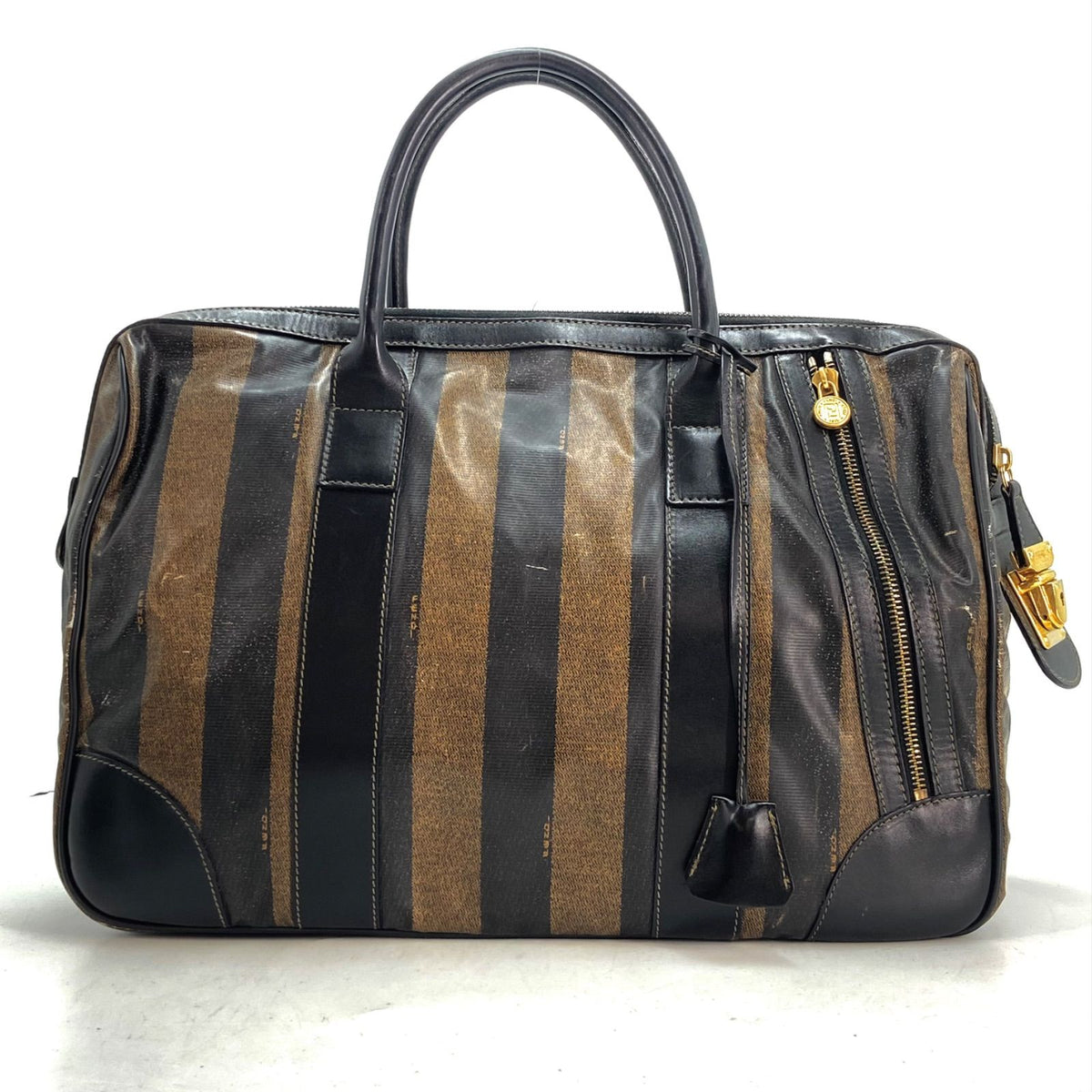 Fendi Pecan Pattern Boston Bag Stripe with Mini Pouch Leather Nylon Brown Black — view 2