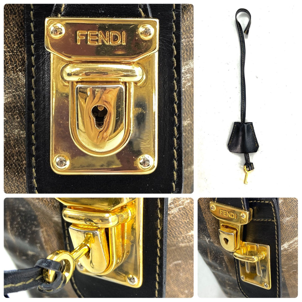 Fendi Pecan Pattern Boston Bag Stripe with Mini Pouch Leather Nylon Brown Black — view 5
