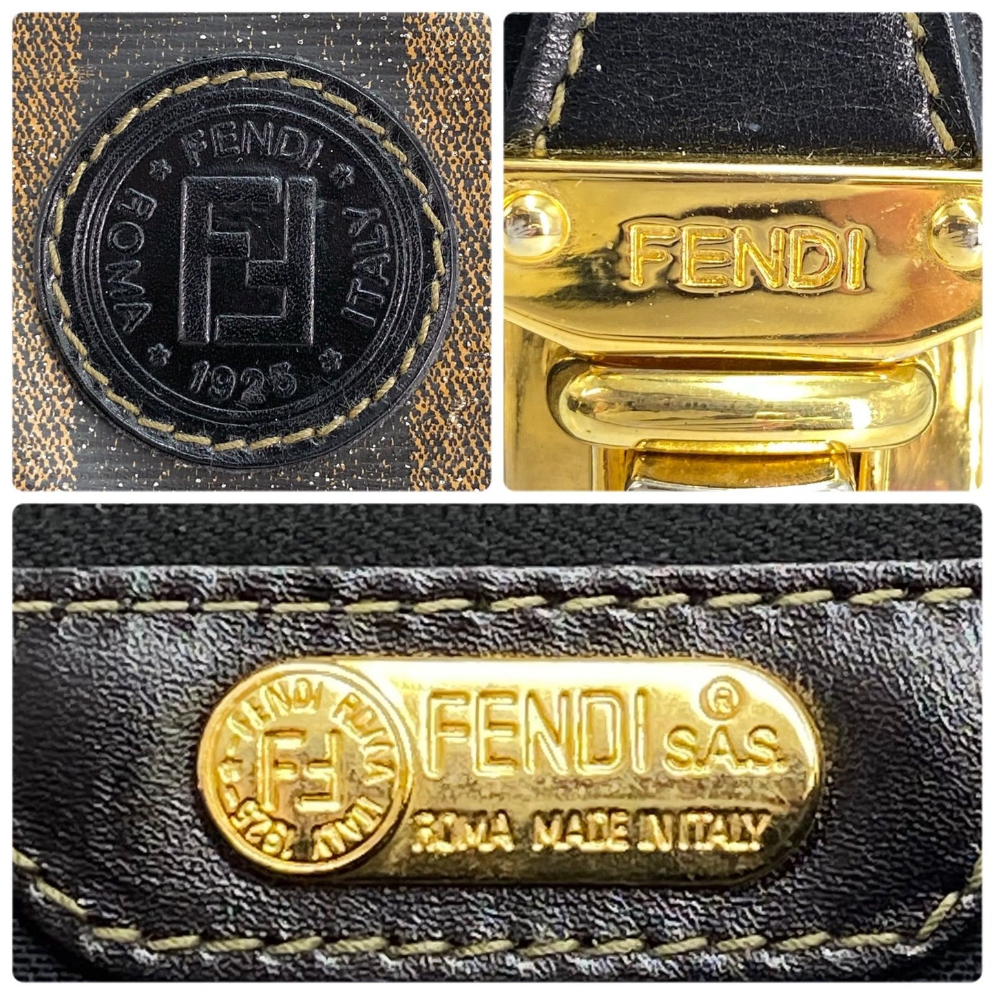 Fendi Pecan Pattern Boston Bag Stripe with Mini Pouch Leather Nylon Brown Black — view 4