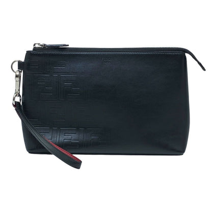 Fendi Clutch Pouch FF Logo Zucca Leather Black Lightweight Capacity