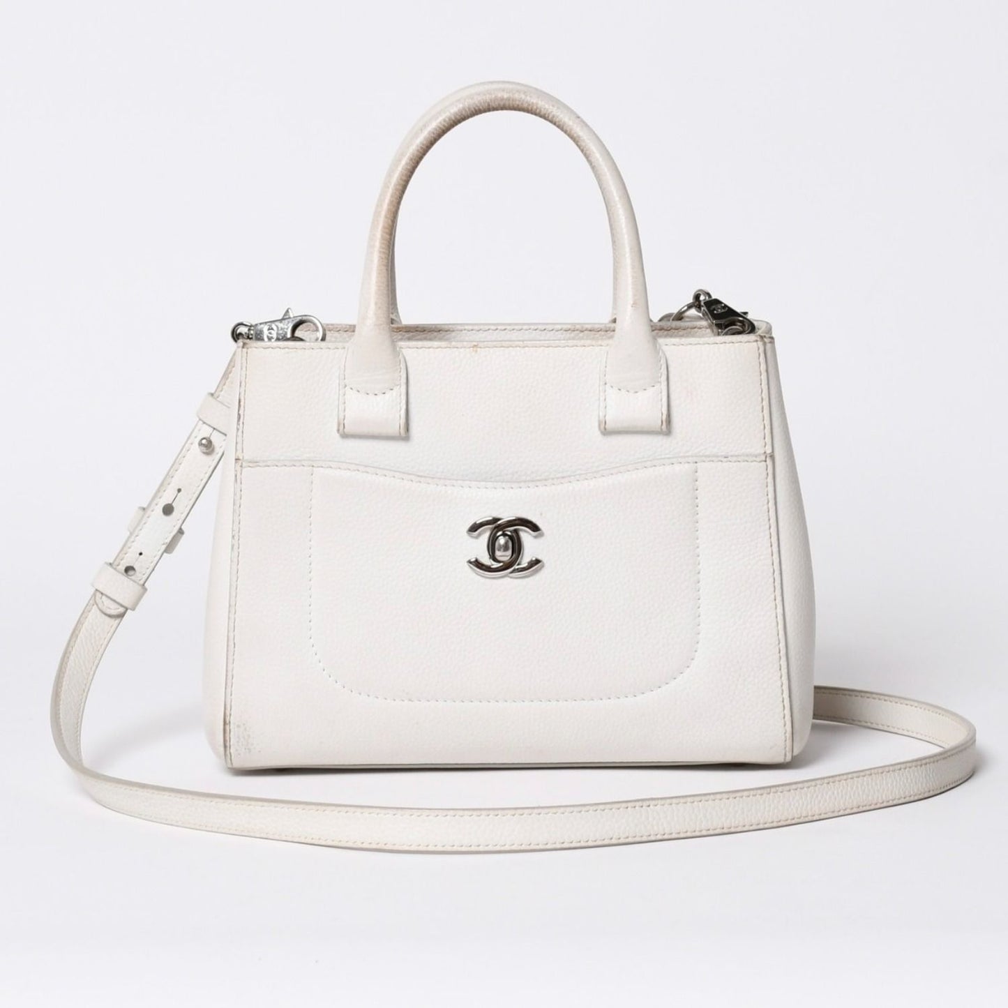 Chanel Neo Executive Tote Small Handbag 2-Way CC Logo Caviar Leather Silver