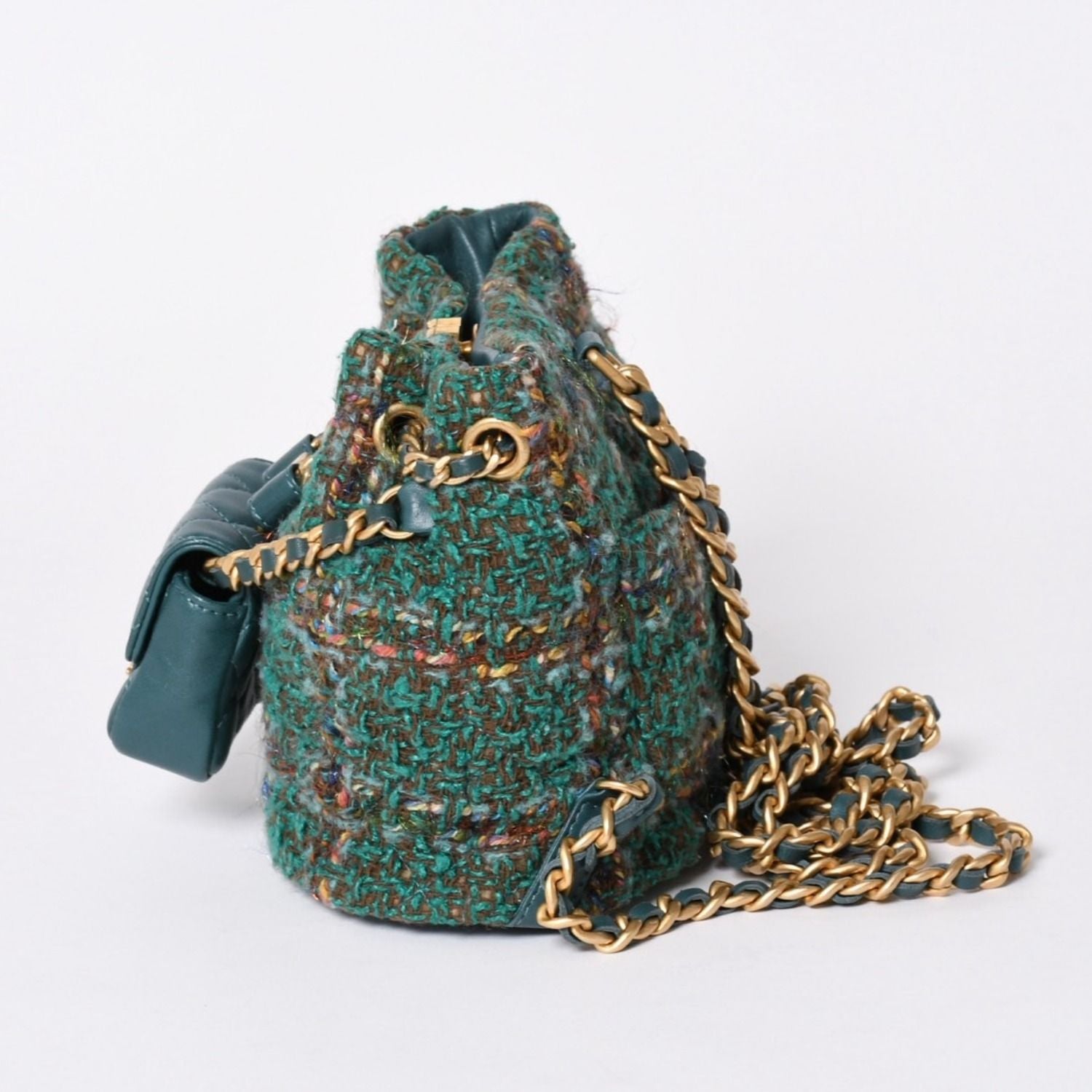 Chanel Small Backpack Base CC Logo Tweed Lambskin Green Gold — view 4