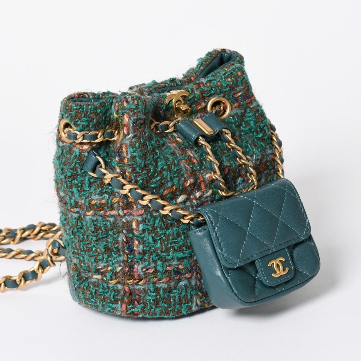 Chanel Small Backpack Base CC Logo Tweed Lambskin Green Gold — view 3