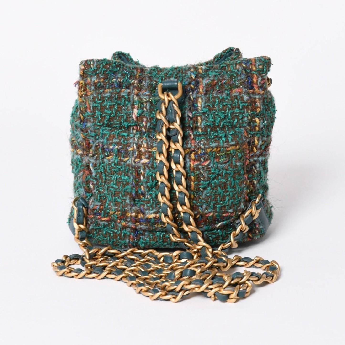 Chanel Small Backpack Base CC Logo Tweed Lambskin Green Gold — view 2