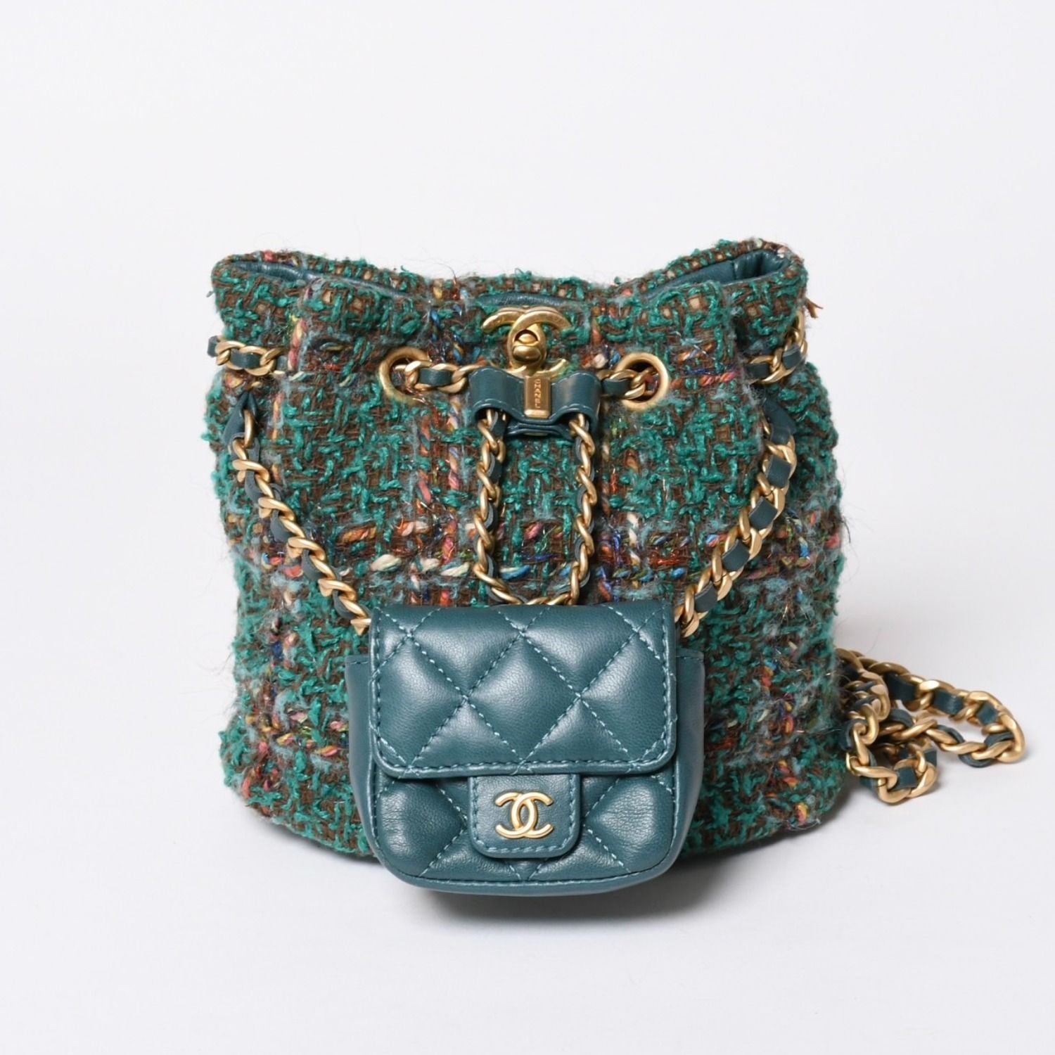 Chanel Small Backpack Base CC Logo Tweed Lambskin Green Gold