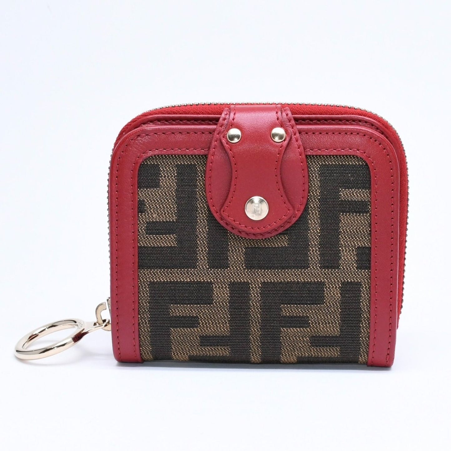 Fendi Compact Wallet Bifold Zucca Pattern Canvas Leather Brown Red Gold