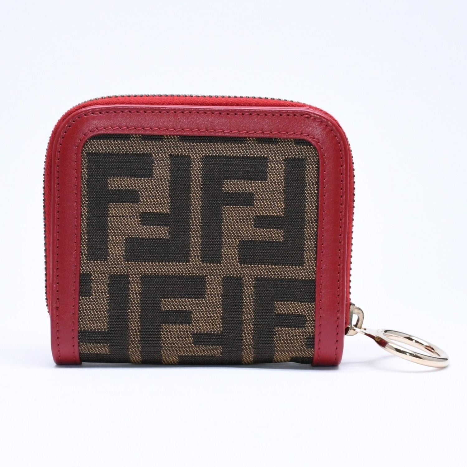 Fendi Compact Wallet Bifold Zucca Pattern Canvas Leather Brown Red Gold — view 2
