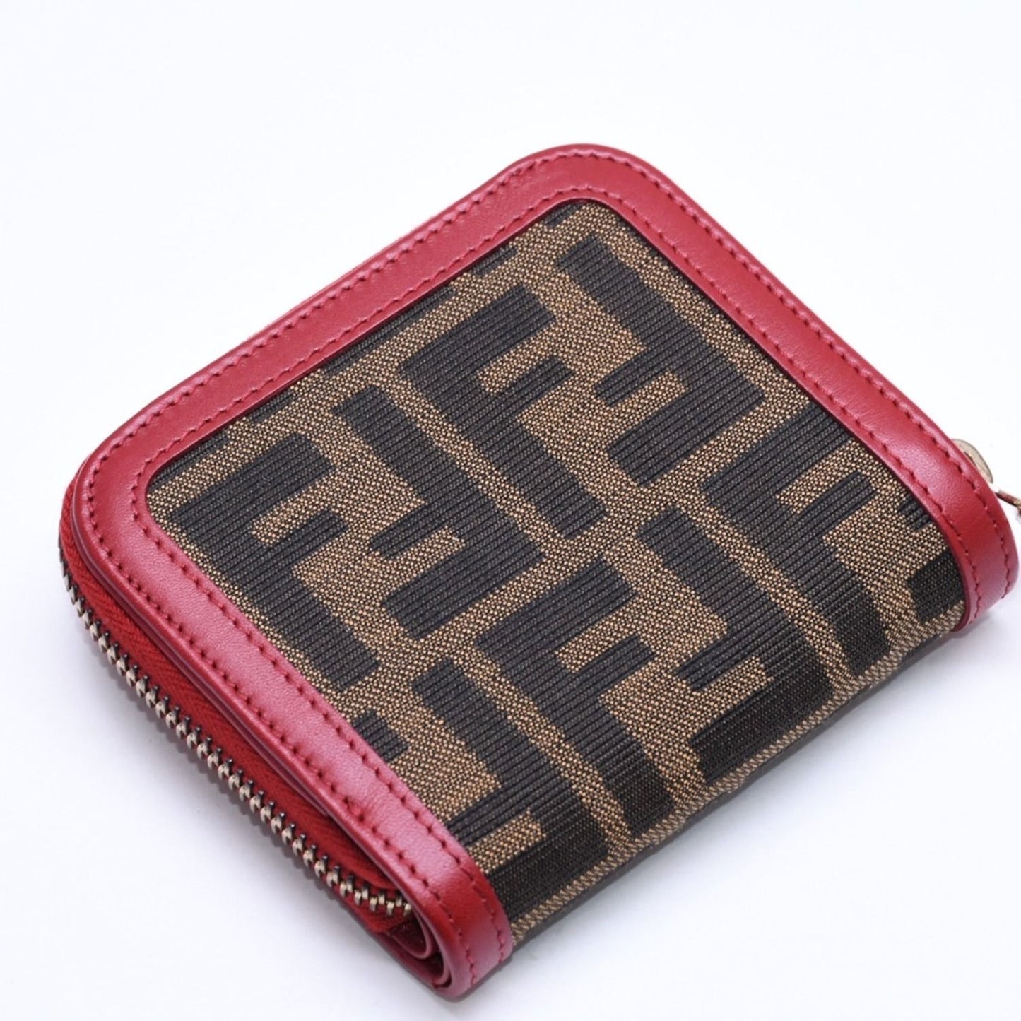 Fendi Compact Wallet Bifold Zucca Pattern Canvas Leather Brown Red Gold — view 4