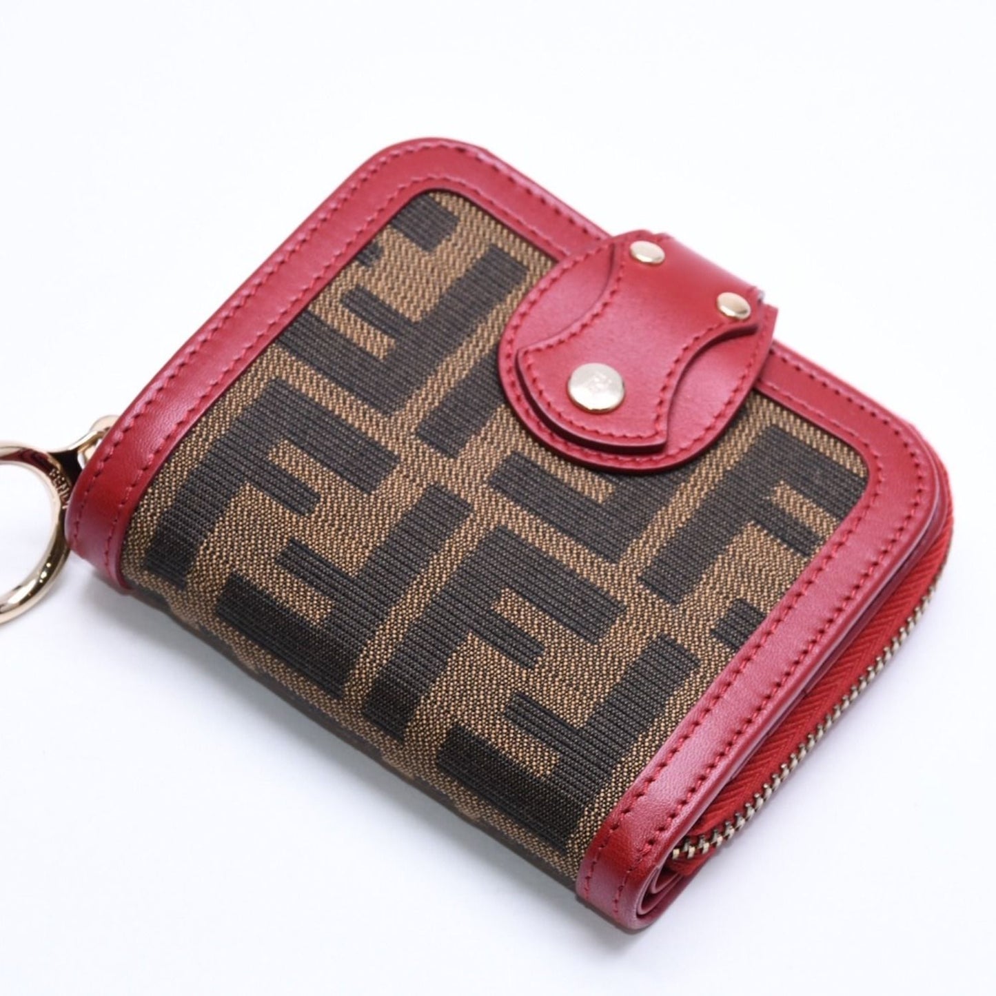 Fendi Compact Wallet Bifold Zucca Pattern Canvas Leather Brown Red Gold — view 3