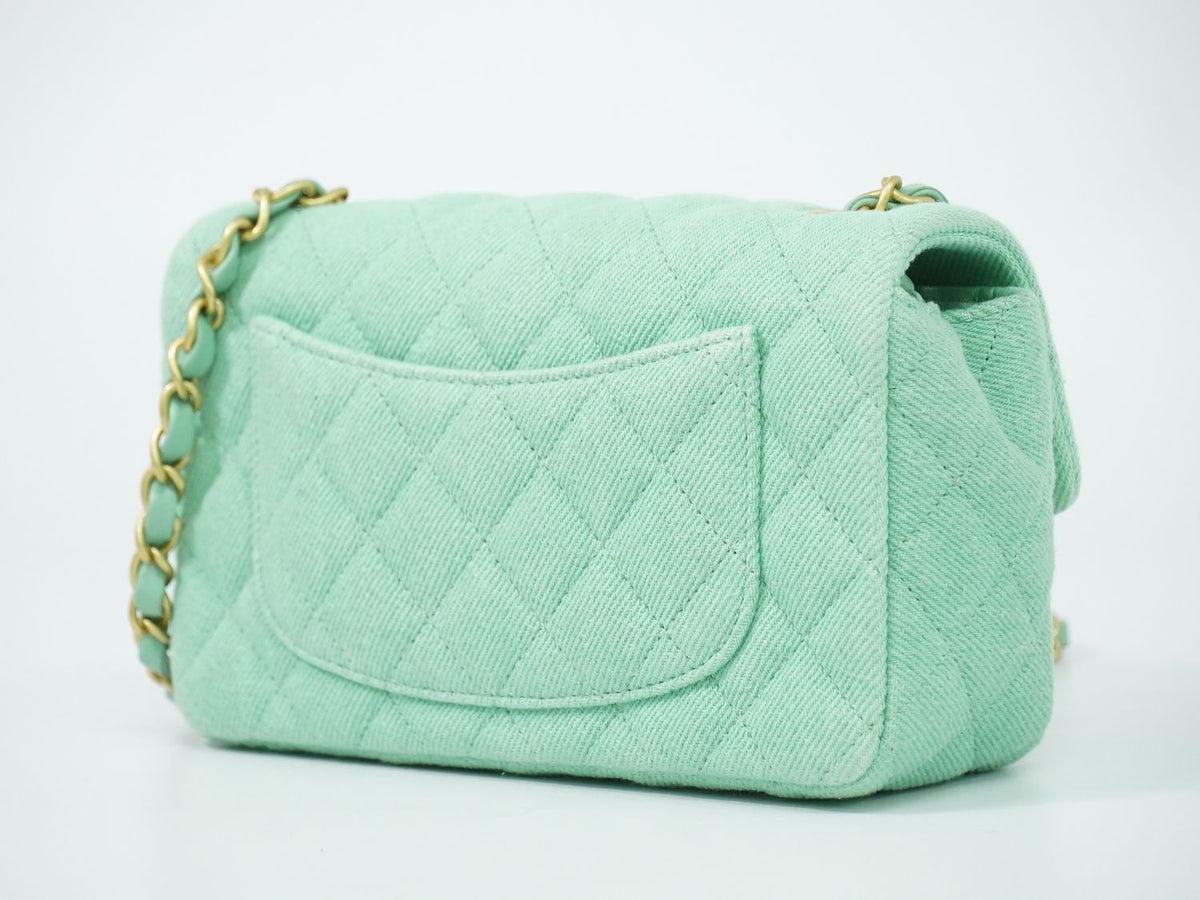 Chanel CC Logo Quilted Chain Shoulder Bag Denim Light Green Vintage — view 2