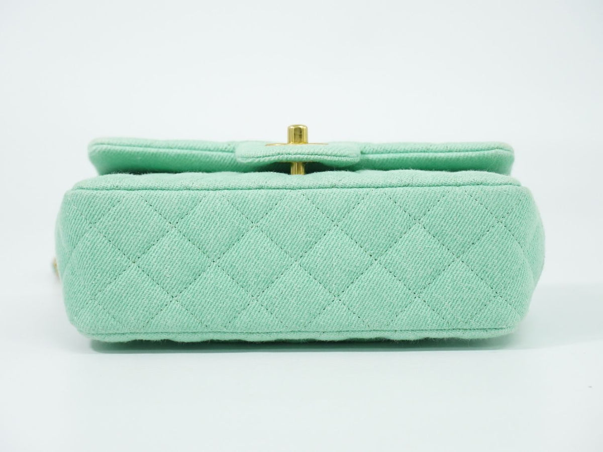 Chanel CC Logo Quilted Chain Shoulder Bag Denim Light Green Vintage — view 3