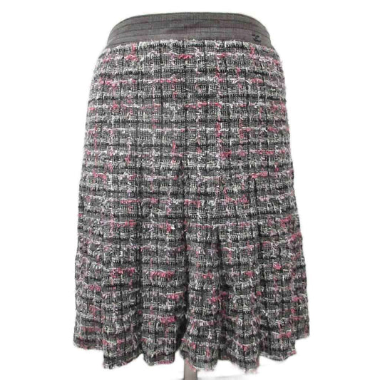 Chanel CC Logo Tweed Skirt Flare Knee Length 100% Silk 36 Black Pink
