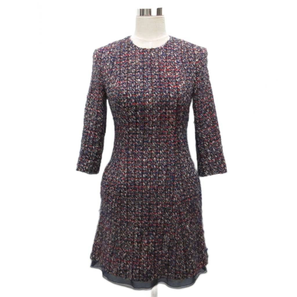 Dior Tweed Dress Knee Length Long Sleeve Silk 38 Navy