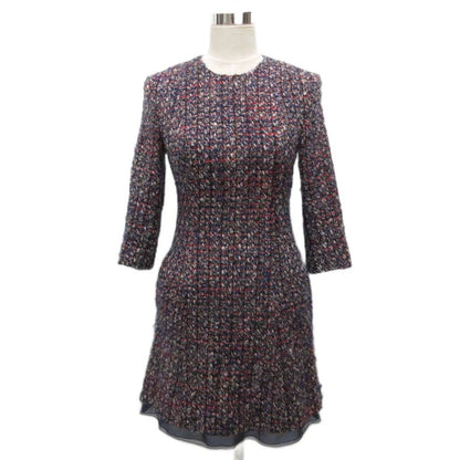 Dior Tweed Dress Knee Length Long Sleeve Silk 38 Navy