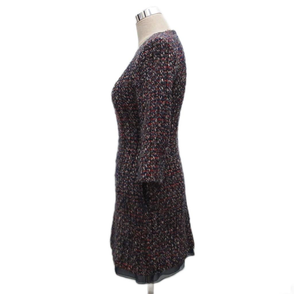 Dior Tweed Dress Knee Length Long Sleeve Silk 38 Navy — view 3