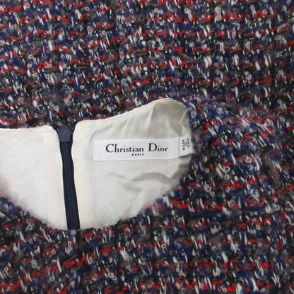 Dior Tweed Dress Knee Length Long Sleeve Silk 38 Navy — view 6