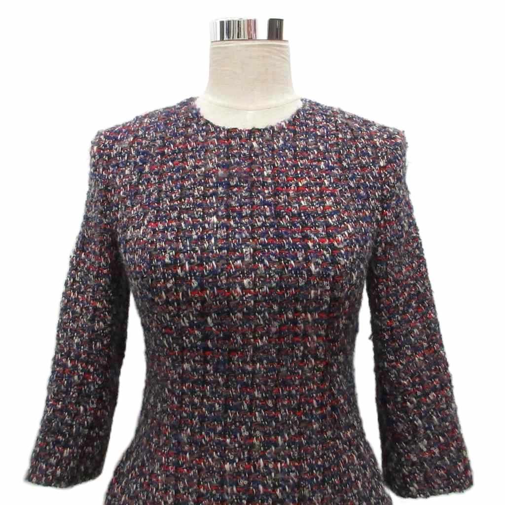 Dior Tweed Dress Knee Length Long Sleeve Silk 38 Navy — view 4