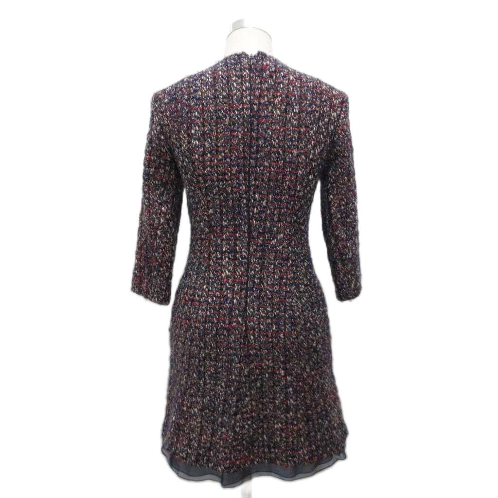 Dior Tweed Dress Knee Length Long Sleeve Silk 38 Navy — view 2