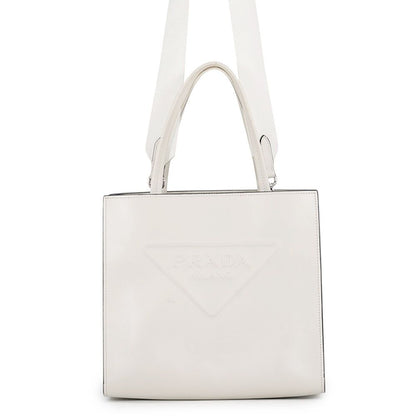 Prada Embossed Triangle Logo Leather 2-Way White Handbag