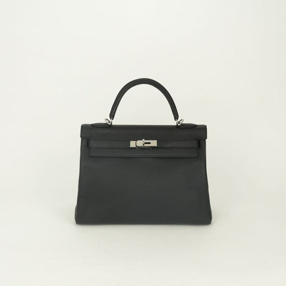 Hermes Kelly 32 Tote Shoulder Bag Togo Noir Black Silver Handle 2-Way Retourne