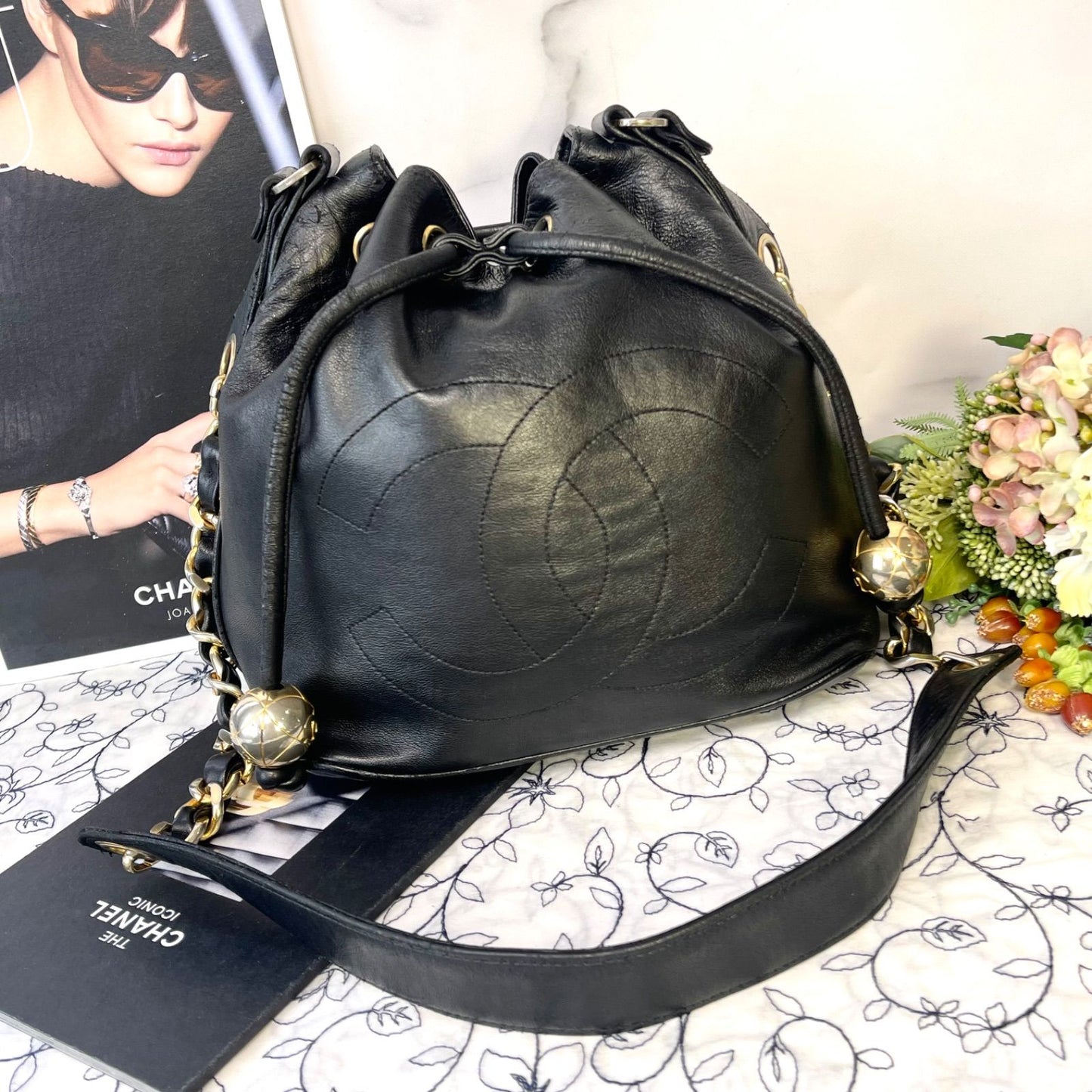 Chanel Jumbo CC Logo Drawstring Black Chain Shoulder Bag