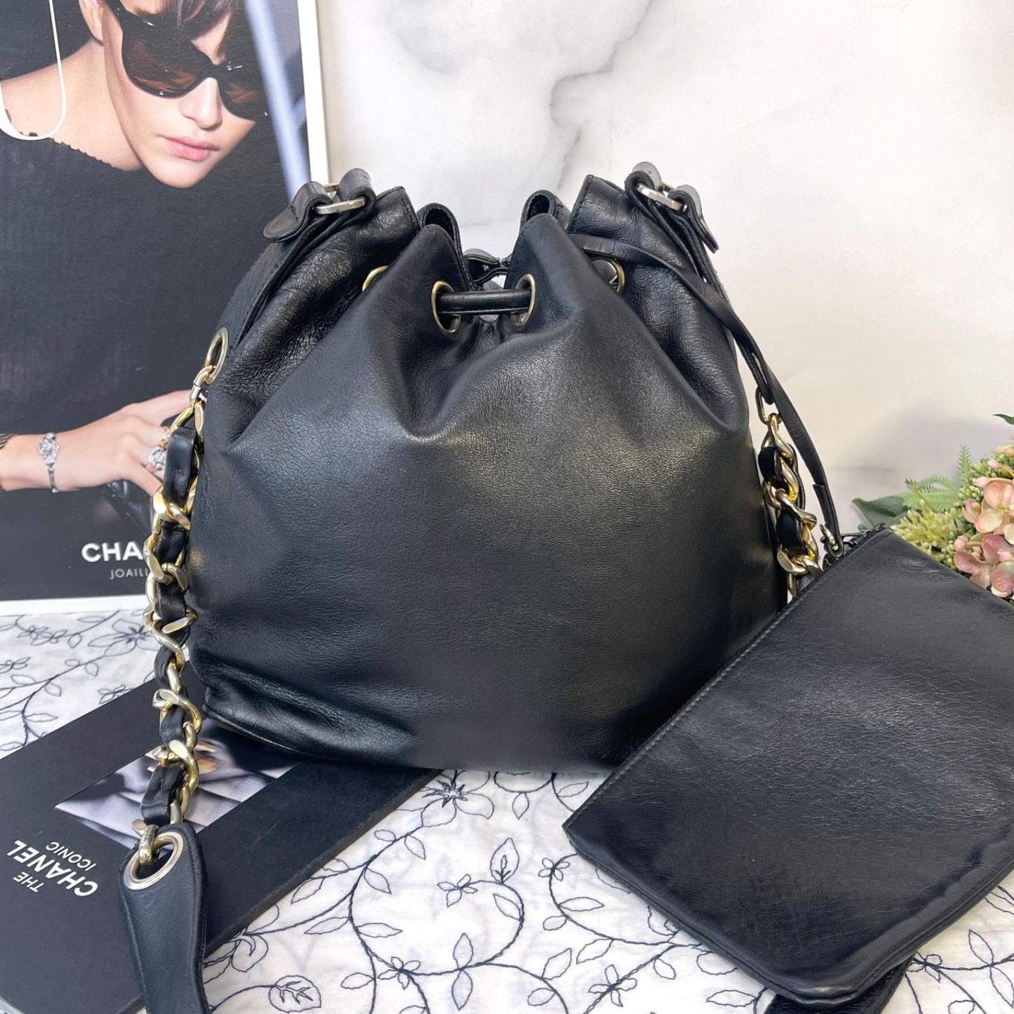 Chanel Jumbo CC Logo Drawstring Black Chain Shoulder Bag — view 2
