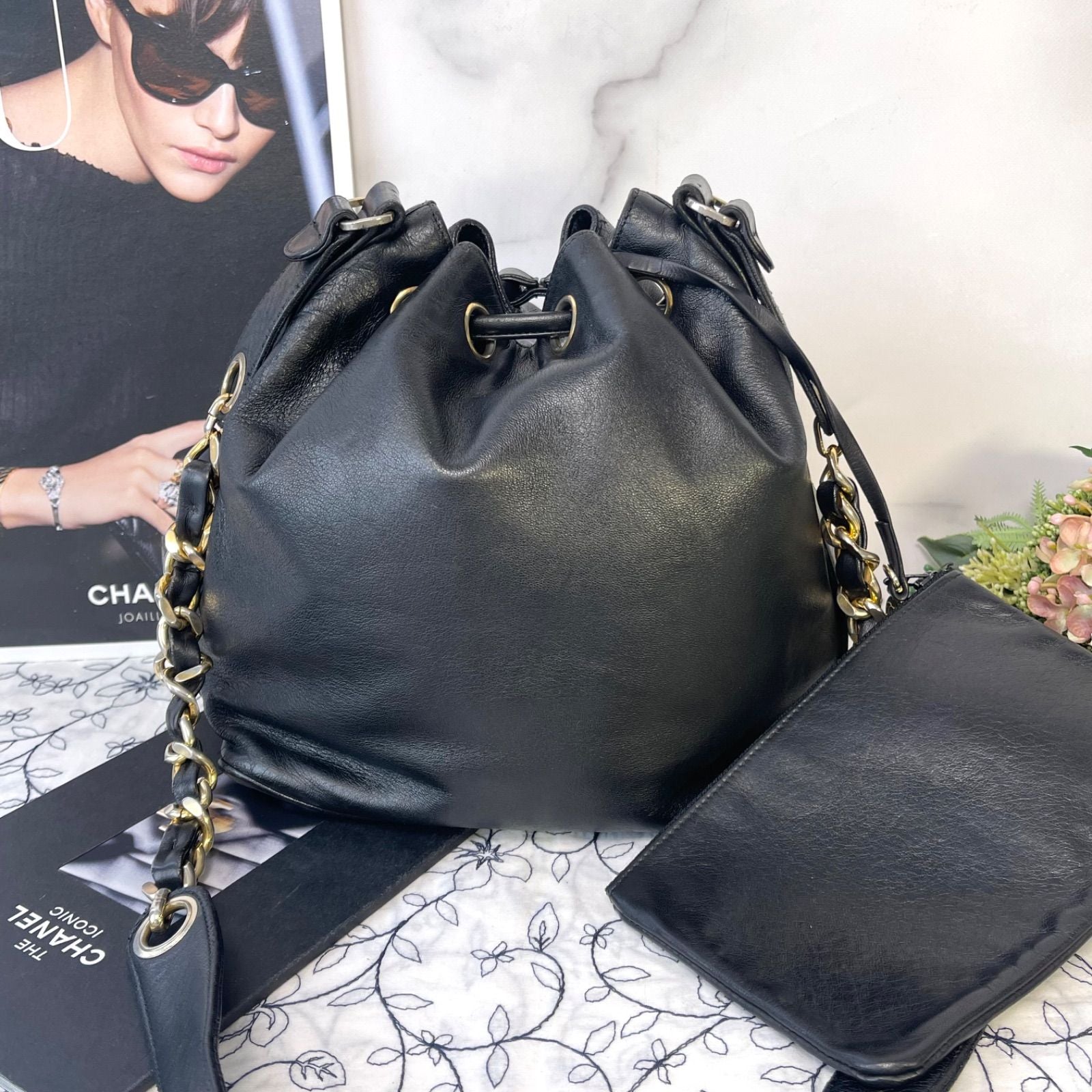 Chanel Jumbo CC Logo Drawstring Black Chain Shoulder Bag — view 2