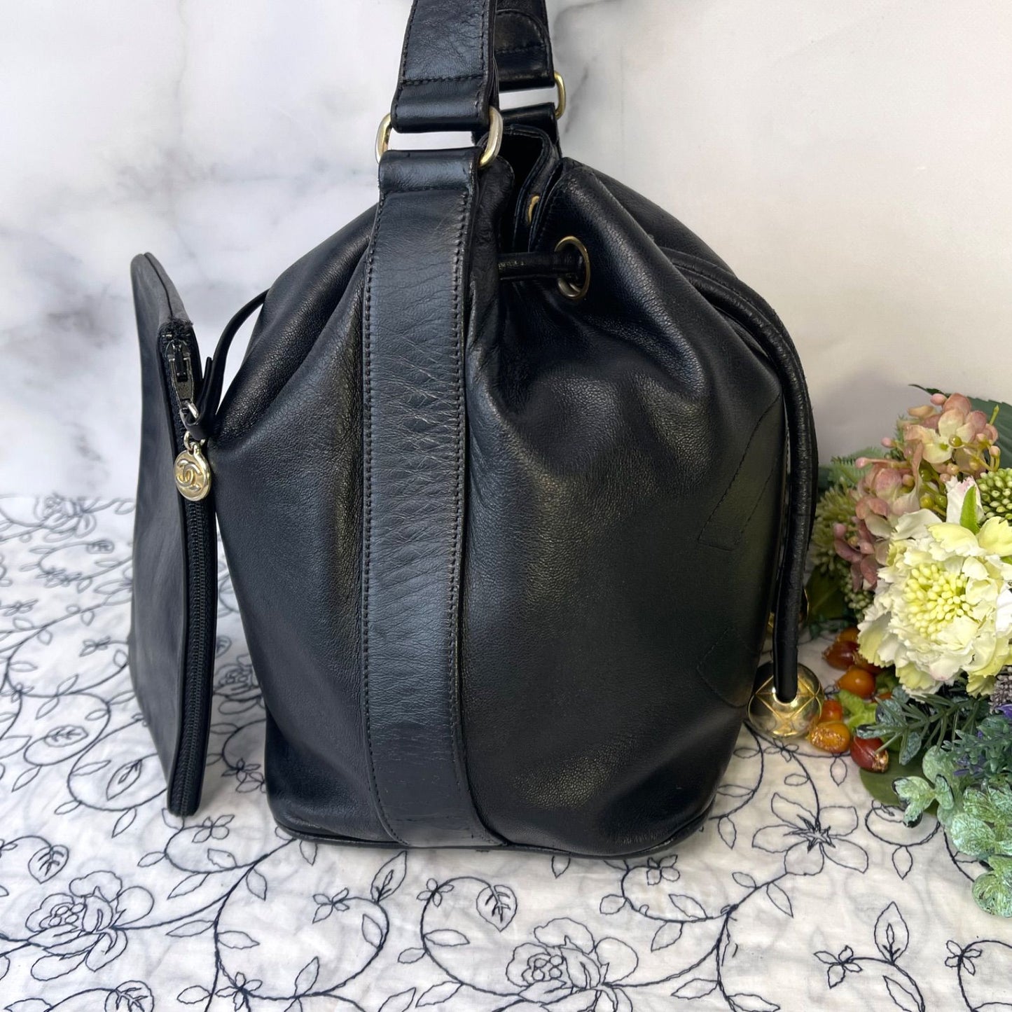 Chanel Jumbo CC Logo Drawstring Black Chain Shoulder Bag — view 6