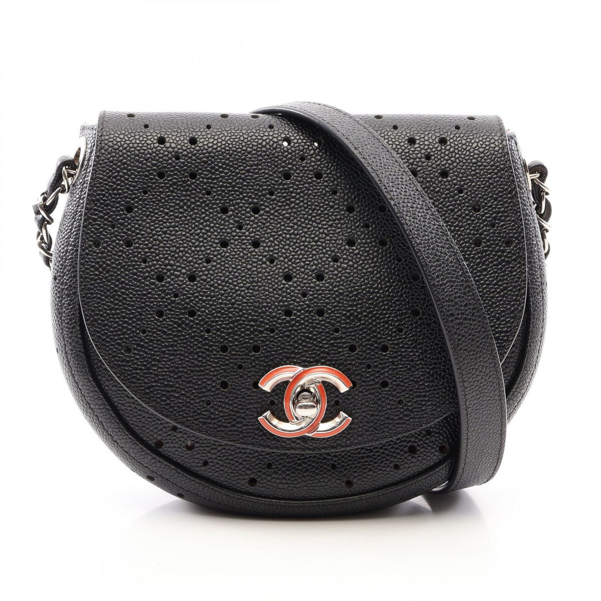 Chanel Shoulder Bag Round Flap Perforated Combination Black Caviar Leather