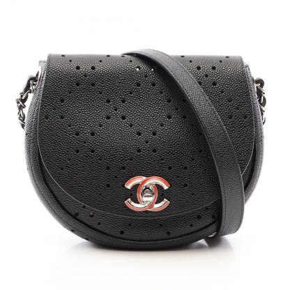 Chanel Shoulder Bag Round Flap Perforated Combination Black Caviar Leather