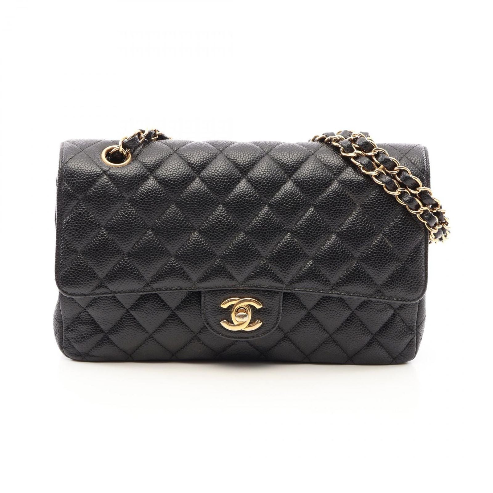 Chanel Shoulder Bag Quilted Double Flap Black Caviar Leather Chain