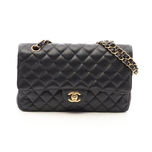 Chanel Shoulder Bag Quilted Double Flap Black Caviar Leather Chain