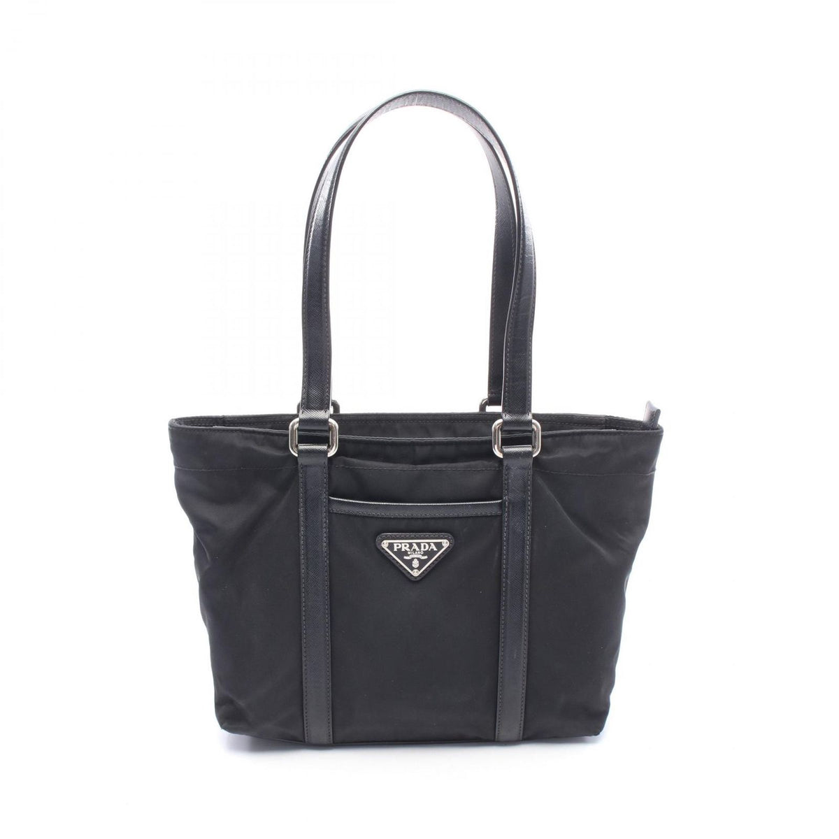Prada Tote Bag Triangle Logo Black Nylon Saffiano Leather Mini