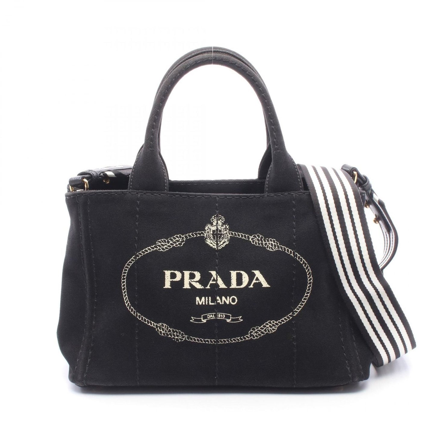 Prada Tote Bag Canapa 2-Way Black White Canvas Mini