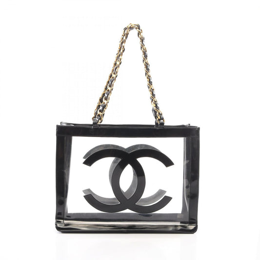 Chanel Tote Bag CC Logo Black Vinyl Patent Leather CC Clear Chain