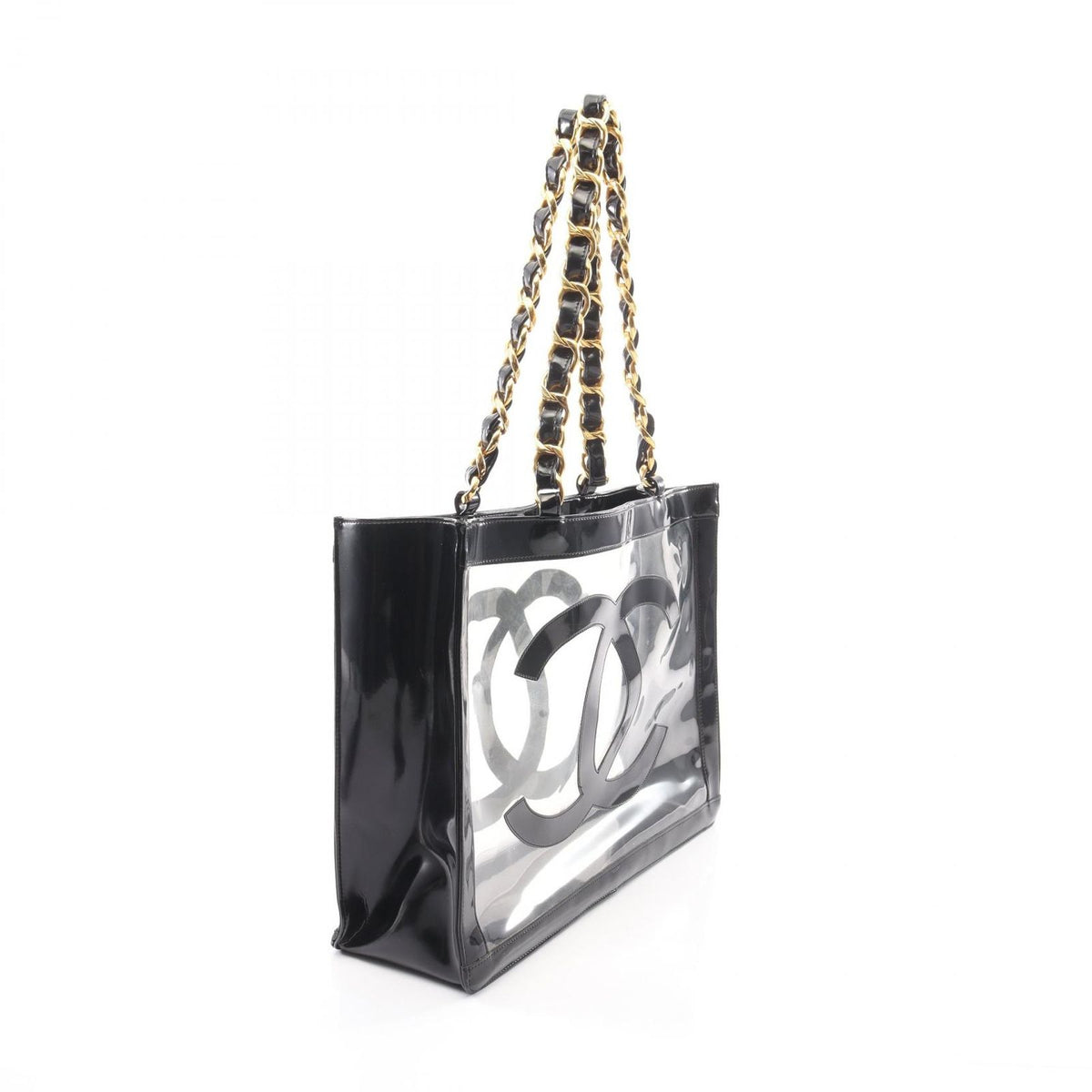 Chanel Tote Bag CC Logo Black Vinyl Patent Leather CC Clear Chain — view 2