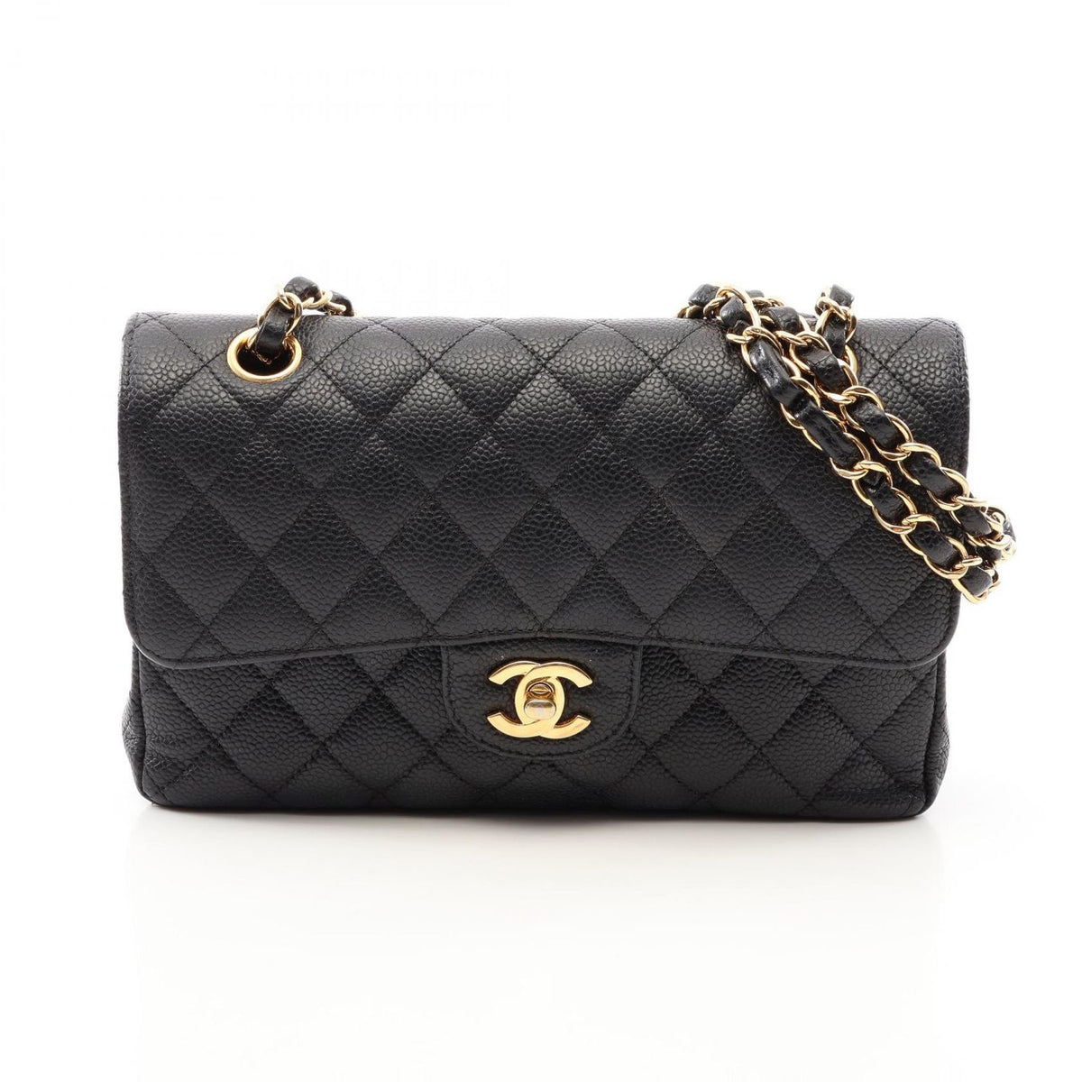 Chanel Shoulder Bag Quilted Double Flap Black Caviar Leather Chain