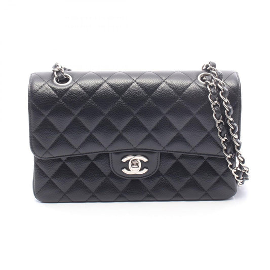 Chanel Shoulder Bag Quilted Double Flap Black Caviar Leather Chain