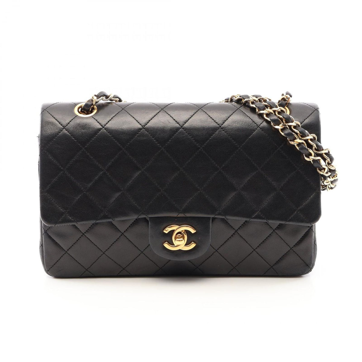 Chanel Shoulder Bag Quilted Double Flap Black Lambskin Chain
