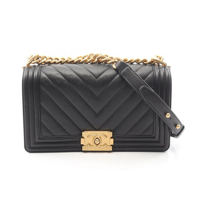 Chanel Shoulder Bag Boy Chevron Stitch Black Caviar Leather Boy Chain