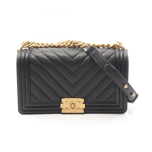 Chanel Shoulder Bag Boy Chevron Stitch Black Caviar Leather Boy Chain
