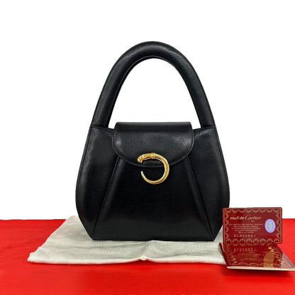 Cartier Vintage Panthere Leather Handle Mini Tote Bag Black