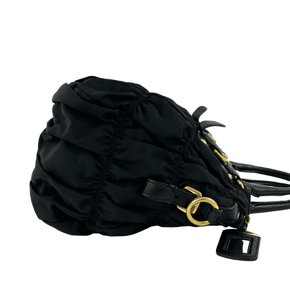 Prada Logo Gathered Nylon Leather 2-Way Handbag Tote Shoulder Bag Black — view 6