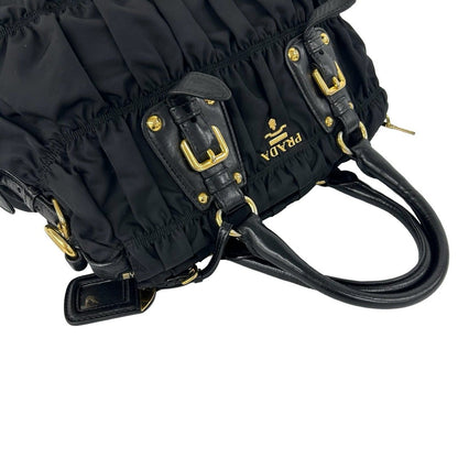 Prada Logo Gathered Nylon Leather 2-Way Handbag Tote Shoulder Bag Black — view 4
