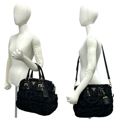 Prada Logo Gathered Nylon Leather 2-Way Handbag Tote Shoulder Bag Black — view 2