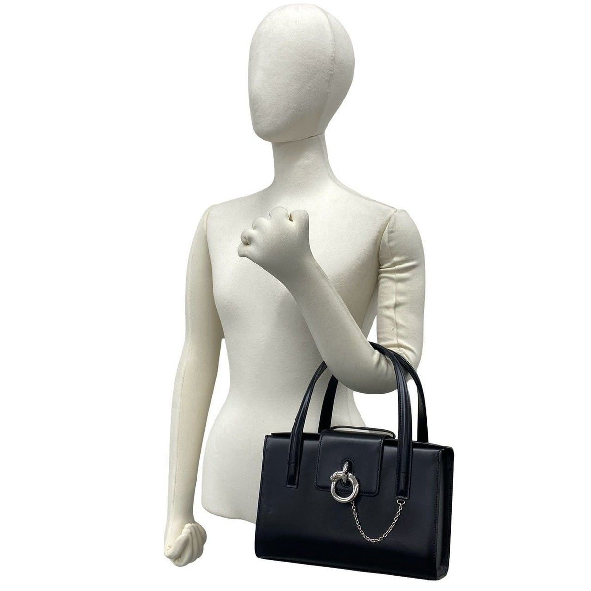 Cartier Vintage Panthere Chain Calf Leather Handle Black Handbag — view 2