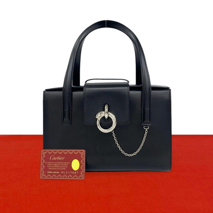 Cartier Vintage Panthere Chain Calf Leather Handle Black Handbag